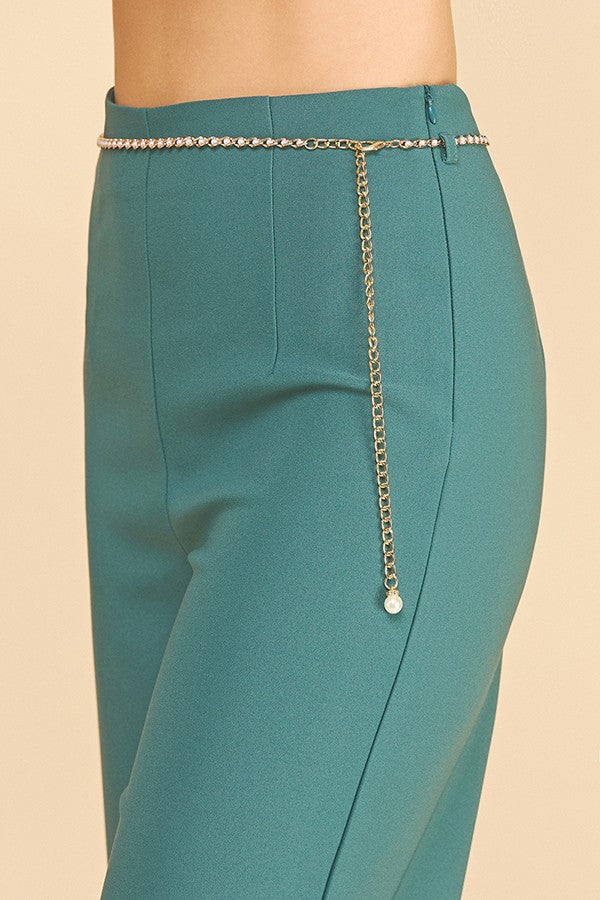 Twill Pearled Faux Gold Chain Darted Wide Leg Trousers