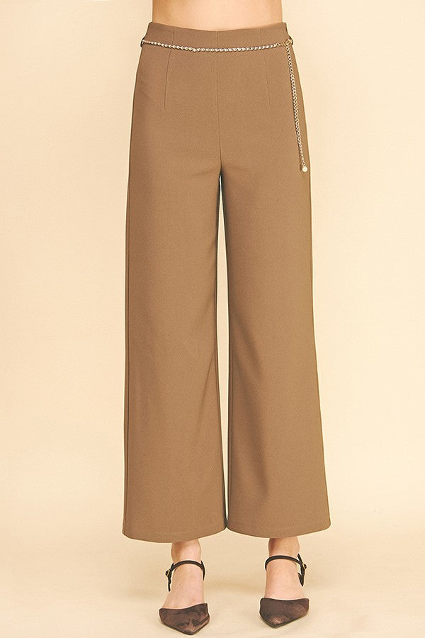 Twill Pearled Faux Gold Chain Darted Wide Leg Trousers