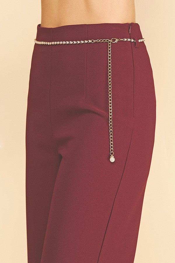 Twill Pearled Faux Gold Chain Darted Wide Leg Trousers