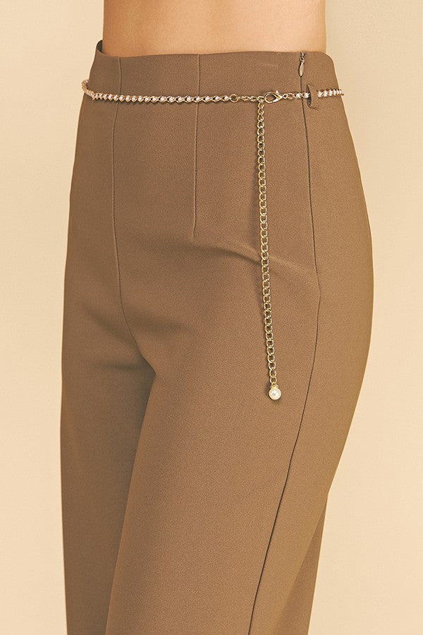 Twill Pearled Faux Gold Chain Darted Wide Leg Trousers