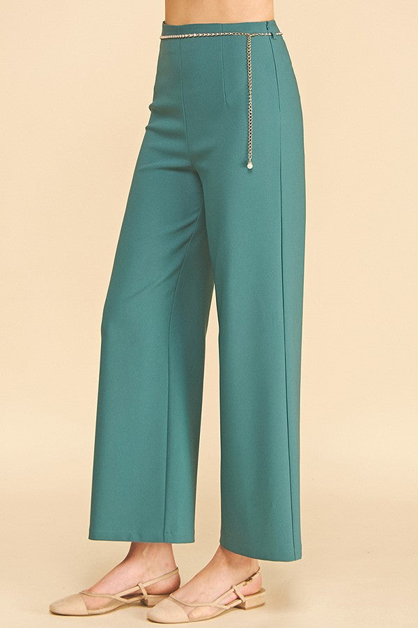 Twill Pearled Faux Gold Chain Darted Wide Leg Trousers