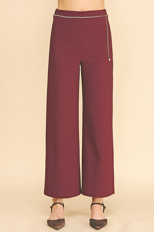 Twill Pearled Faux Gold Chain Darted Wide Leg Trousers