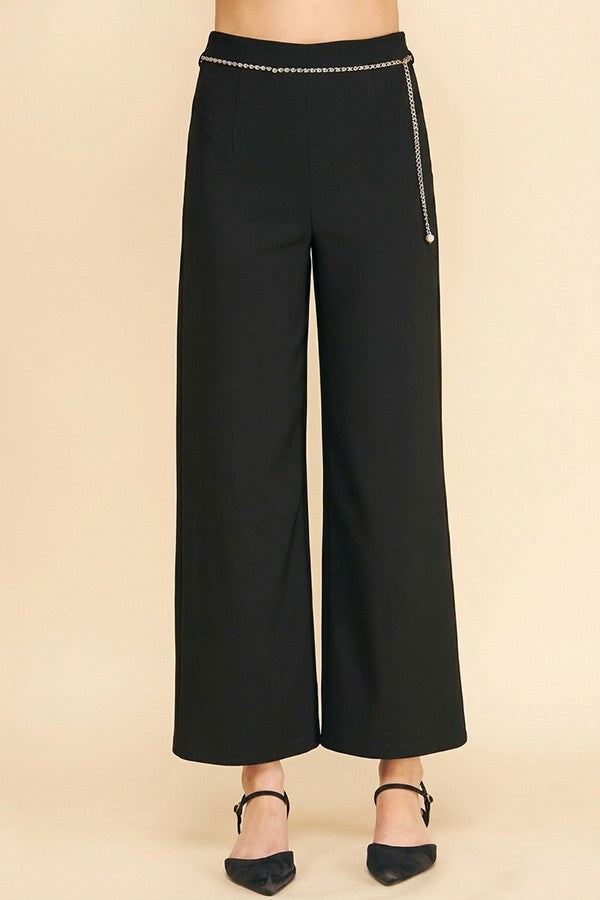 Twill Pearled Faux Gold Chain Darted Wide Leg Trousers