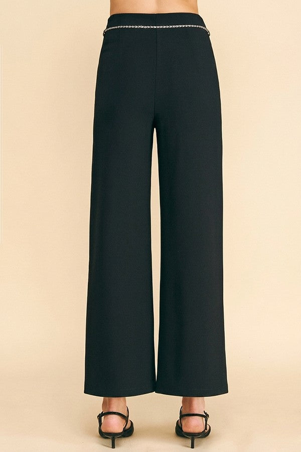 Twill Pearled Faux Gold Chain Darted Wide Leg Trousers