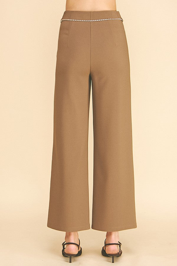 Twill Pearled Faux Gold Chain Darted Wide Leg Trousers