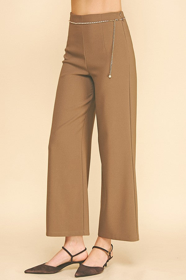 Twill Pearled Faux Gold Chain Darted Wide Leg Trousers