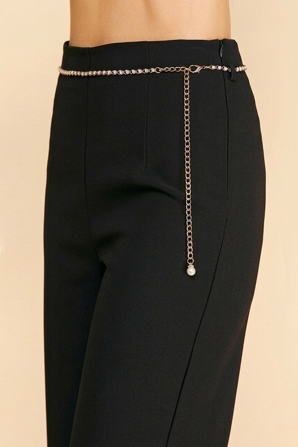 Twill Pearled Faux Gold Chain Darted Wide Leg Trousers