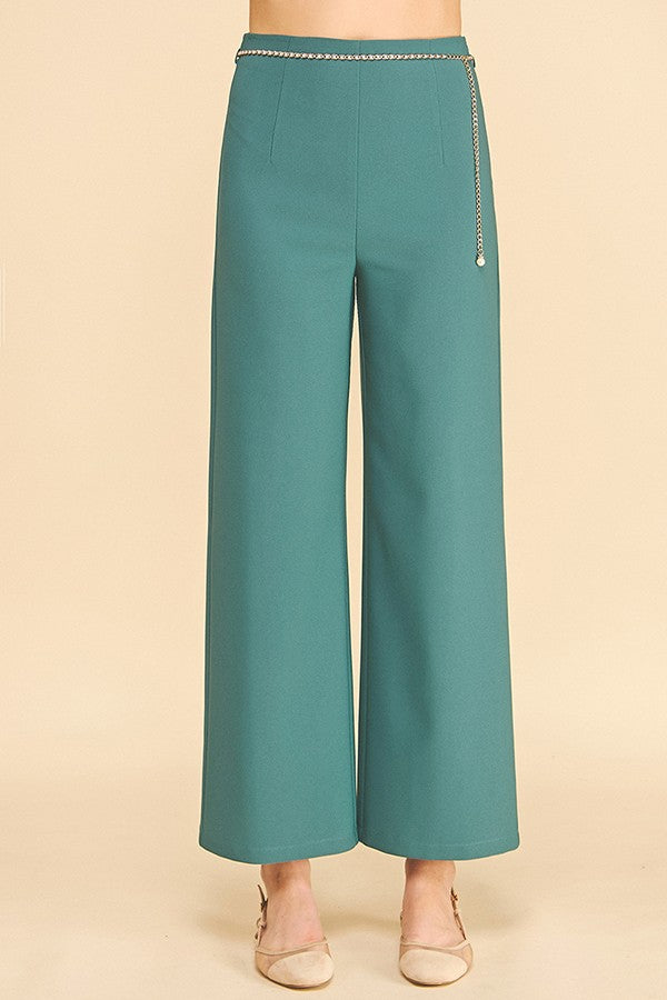 Twill Pearled Faux Gold Chain Darted Wide Leg Trousers