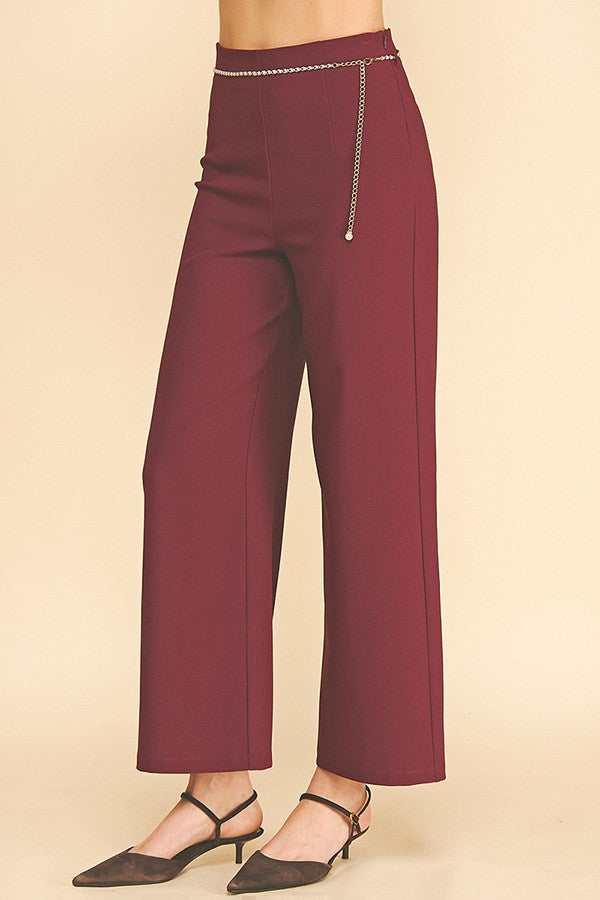 Twill Pearled Faux Gold Chain Darted Wide Leg Trousers