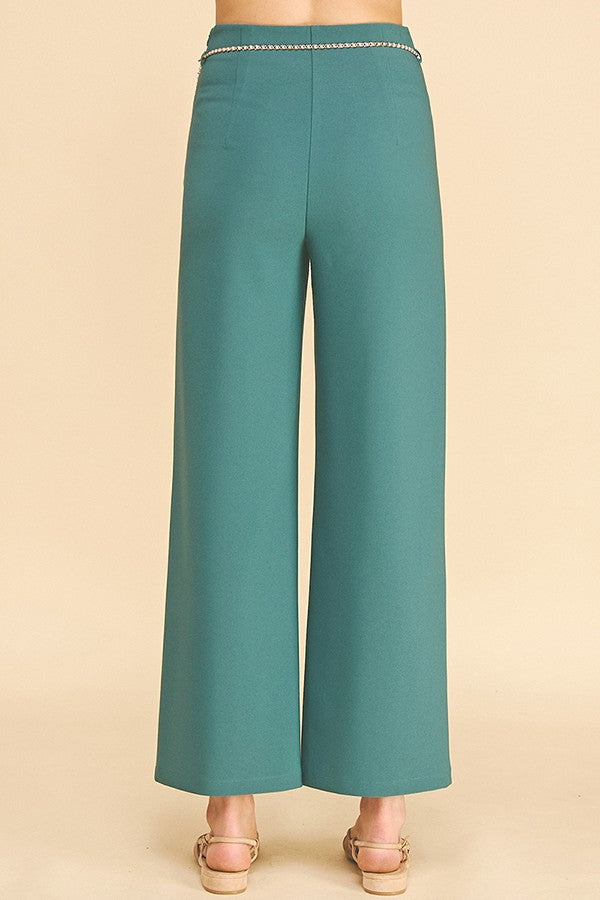 Twill Pearled Faux Gold Chain Darted Wide Leg Trousers