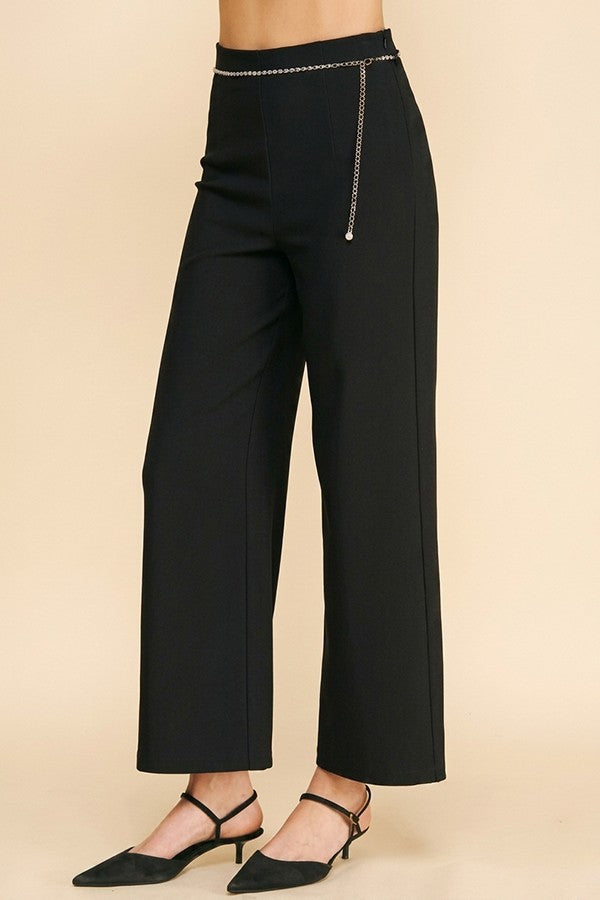 Twill Pearled Faux Gold Chain Darted Wide Leg Trousers