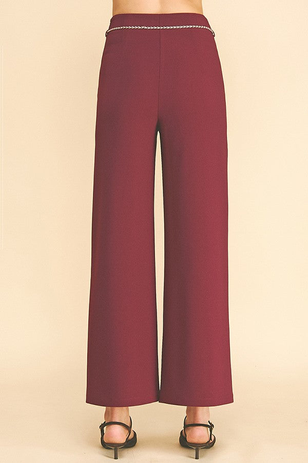 Twill Pearled Faux Gold Chain Darted Wide Leg Trousers
