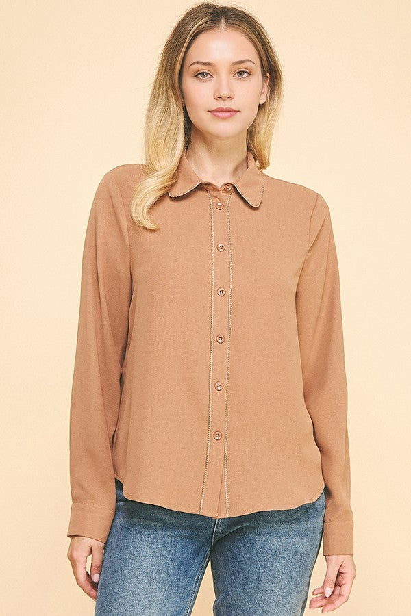 Crepe Gold Pearled Placket Oversized Dress Shirt