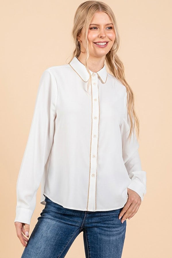 Crepe Gold Pearled Placket Oversized Dress Shirt