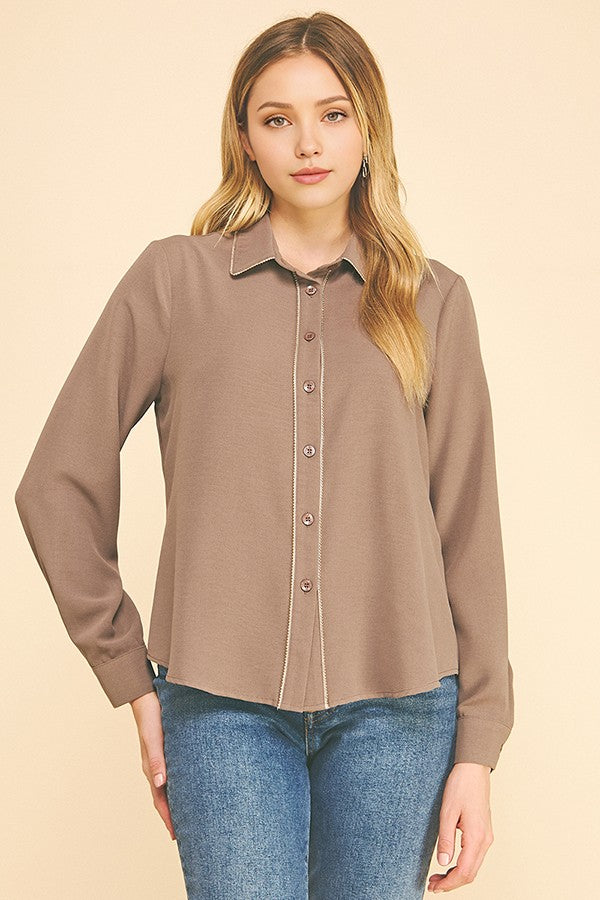 Crepe Gold Pearled Placket Oversized Dress Shirt