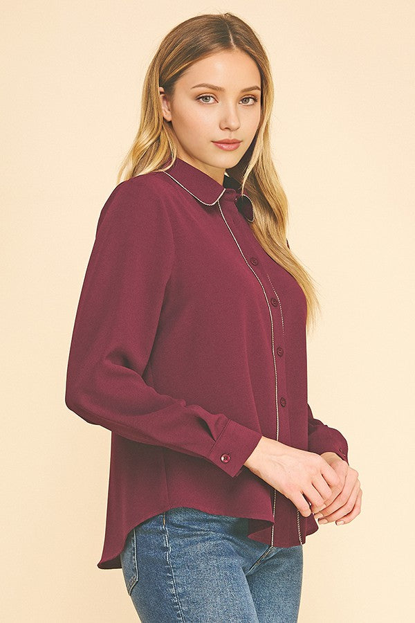 Crepe Gold Pearled Placket Oversized Dress Shirt