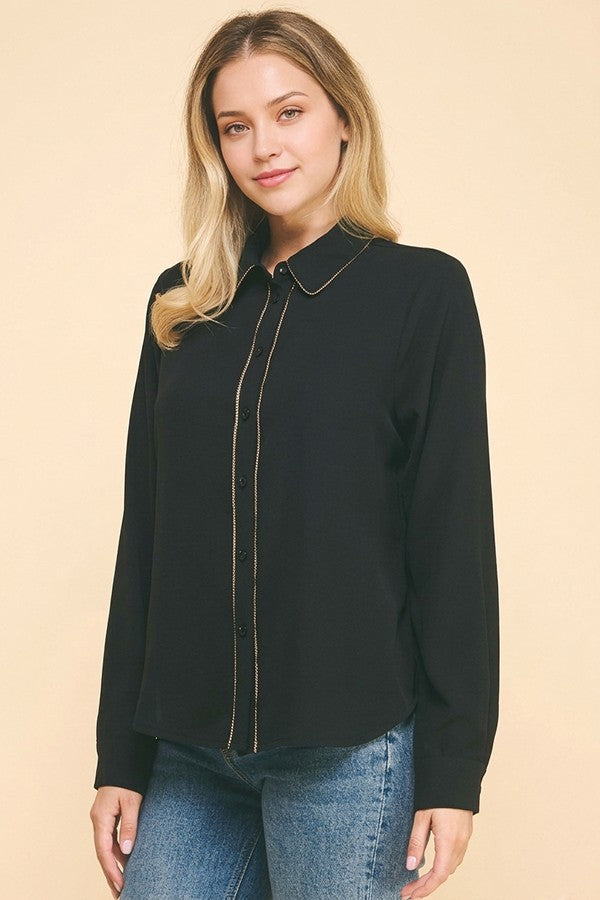 Crepe Gold Pearled Placket Oversized Dress Shirt
