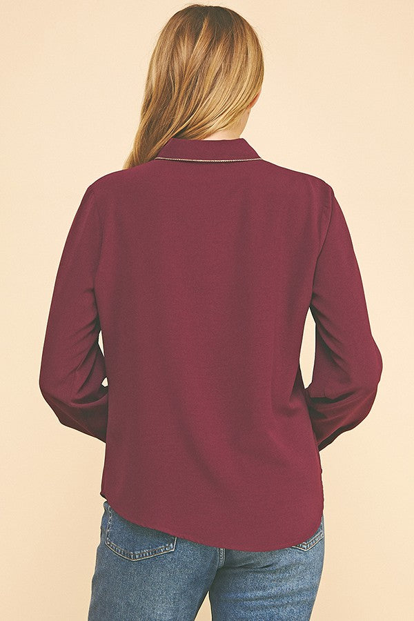 Crepe Gold Pearled Placket Oversized Dress Shirt