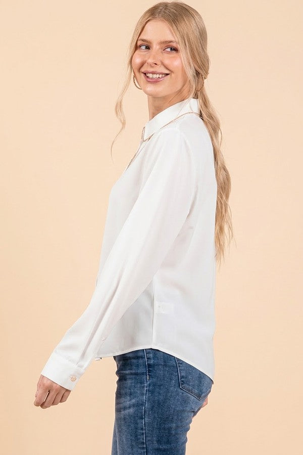 Crepe Gold Pearled Placket Oversized Dress Shirt
