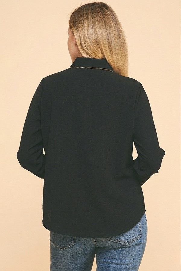 Crepe Gold Pearled Placket Oversized Dress Shirt