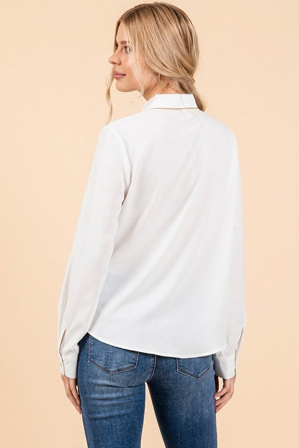 Crepe Gold Pearled Placket Oversized Dress Shirt