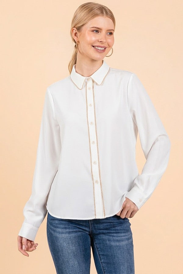 Crepe Gold Pearled Placket Oversized Dress Shirt