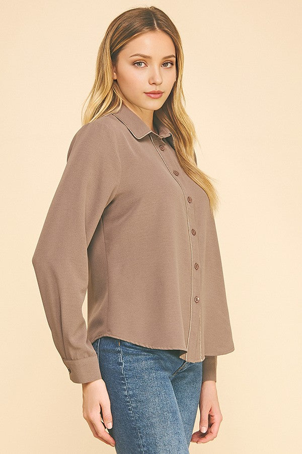 Crepe Gold Pearled Placket Oversized Dress Shirt