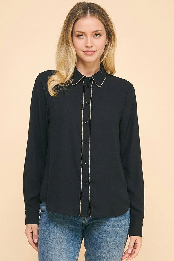Crepe Gold Pearled Placket Oversized Dress Shirt