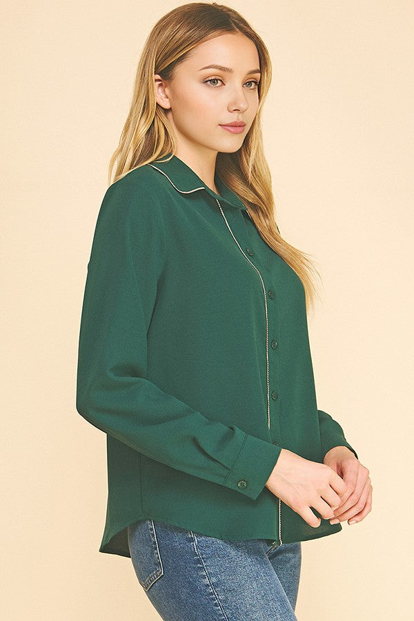Crepe Gold Pearled Placket Oversized Dress Shirt