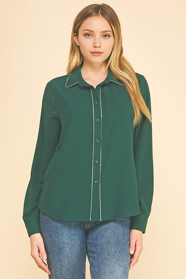 Crepe Gold Pearled Placket Oversized Dress Shirt