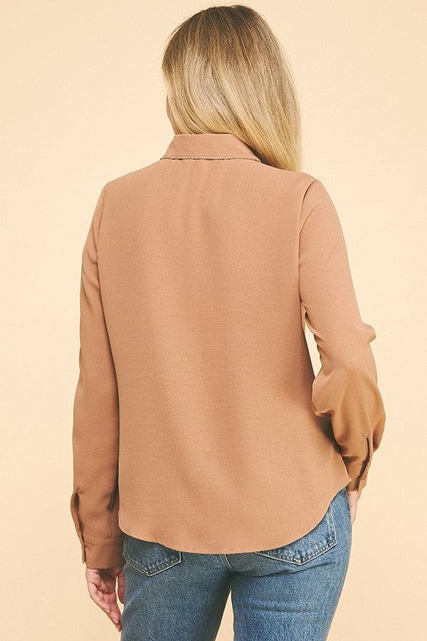 Crepe Gold Pearled Placket Oversized Dress Shirt