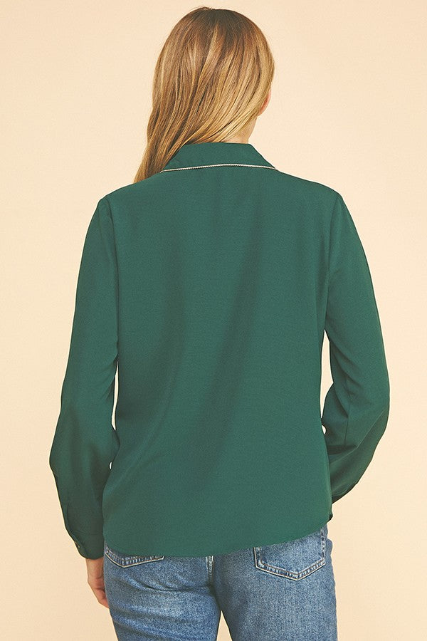 Crepe Gold Pearled Placket Oversized Dress Shirt