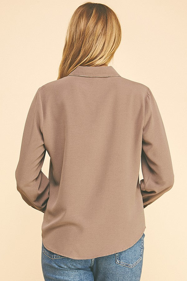 Crepe Gold Pearled Placket Oversized Dress Shirt