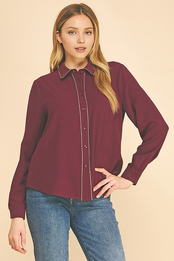 Crepe Gold Pearled Placket Oversized Dress Shirt