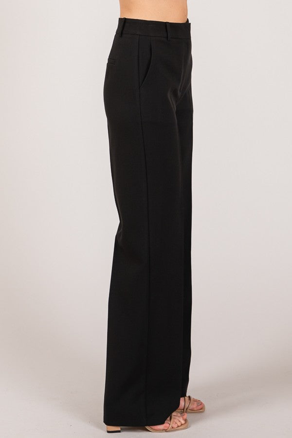 Twill High Waisted Pleated Straight Leg Full Trousers Pants