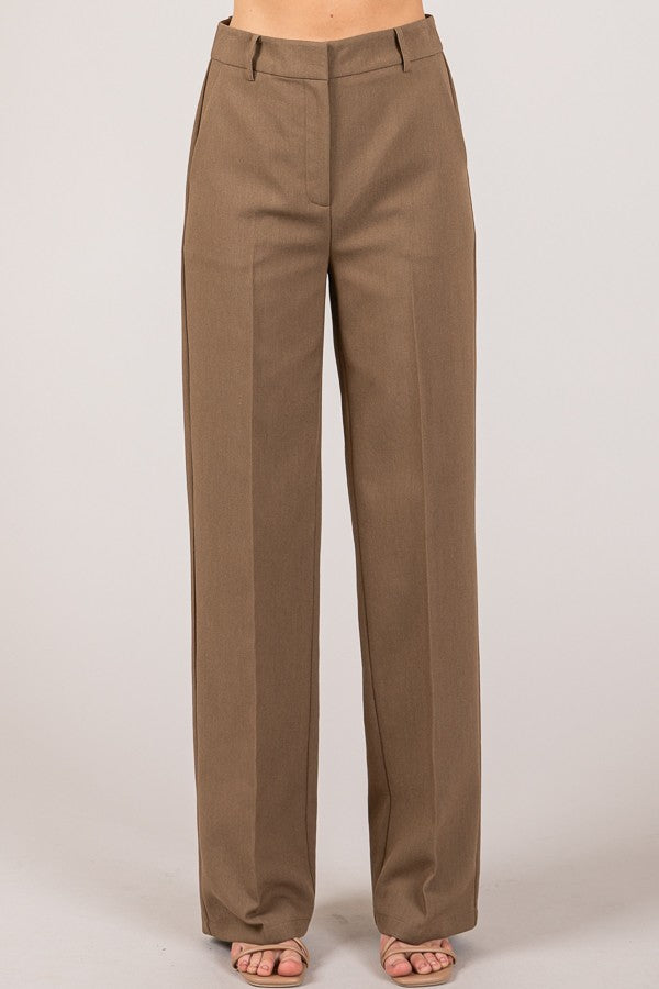 Twill High Waisted Pleated Straight Leg Full Trousers Pants