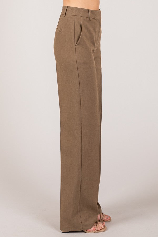 Twill High Waisted Pleated Straight Leg Full Trousers Pants