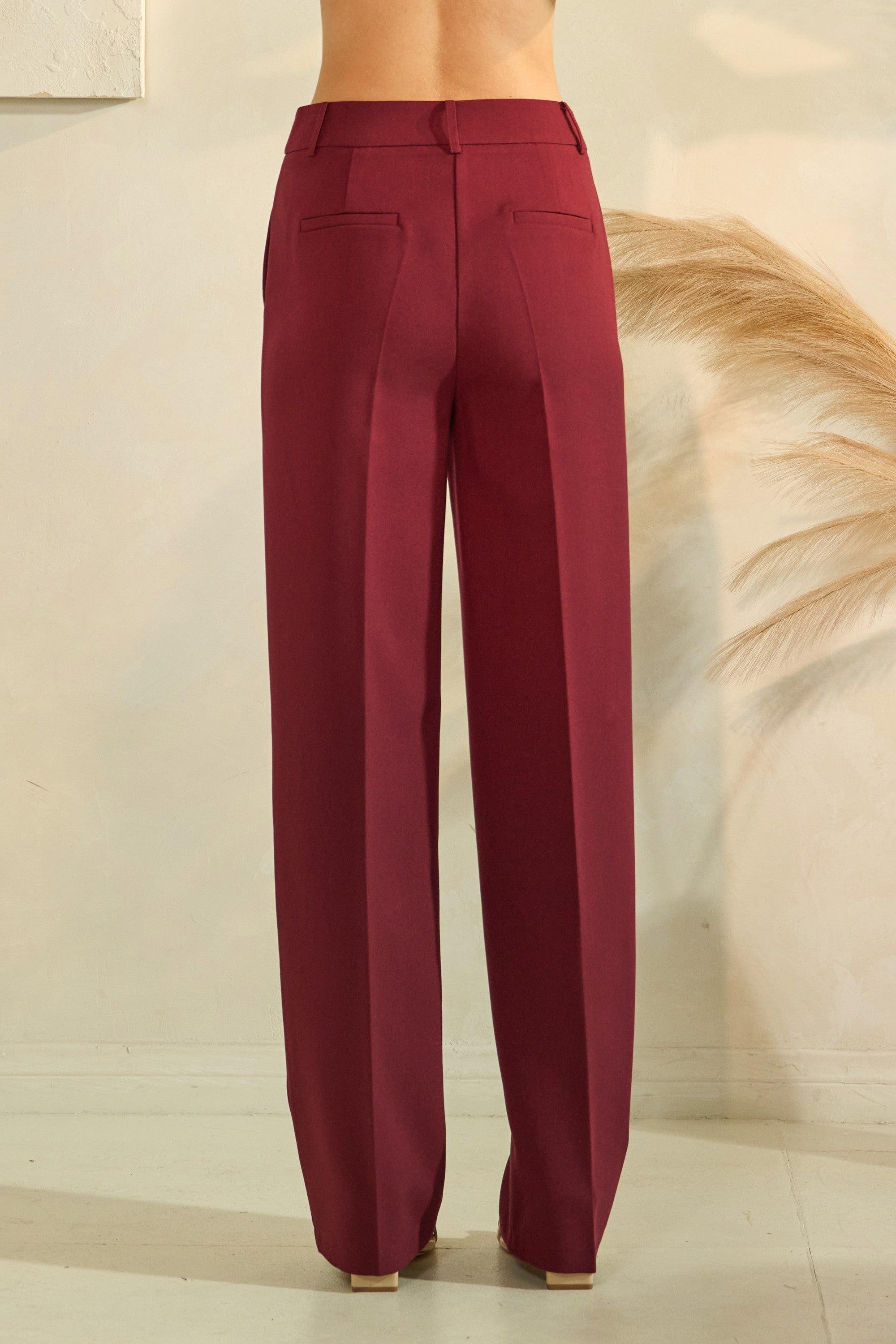 Twill High Waisted Pleated Straight Leg Full Trousers Pants