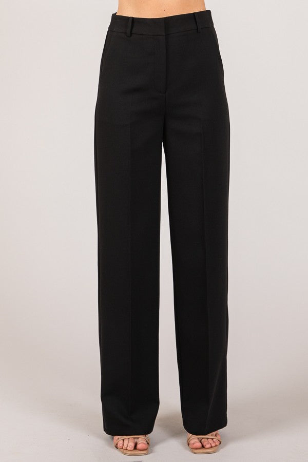 Twill High Waisted Pleated Straight Leg Full Trousers Pants