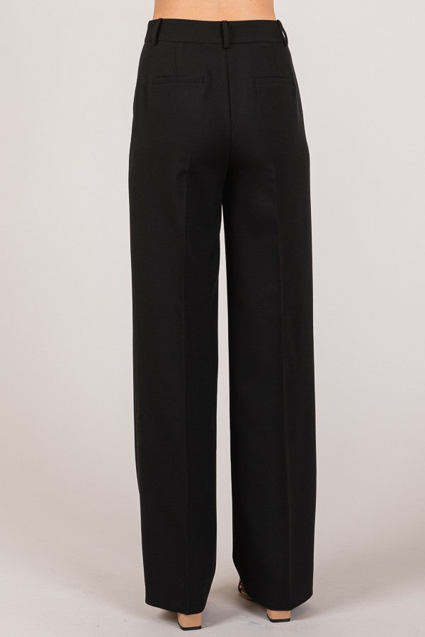 Twill High Waisted Pleated Straight Leg Full Trousers Pants