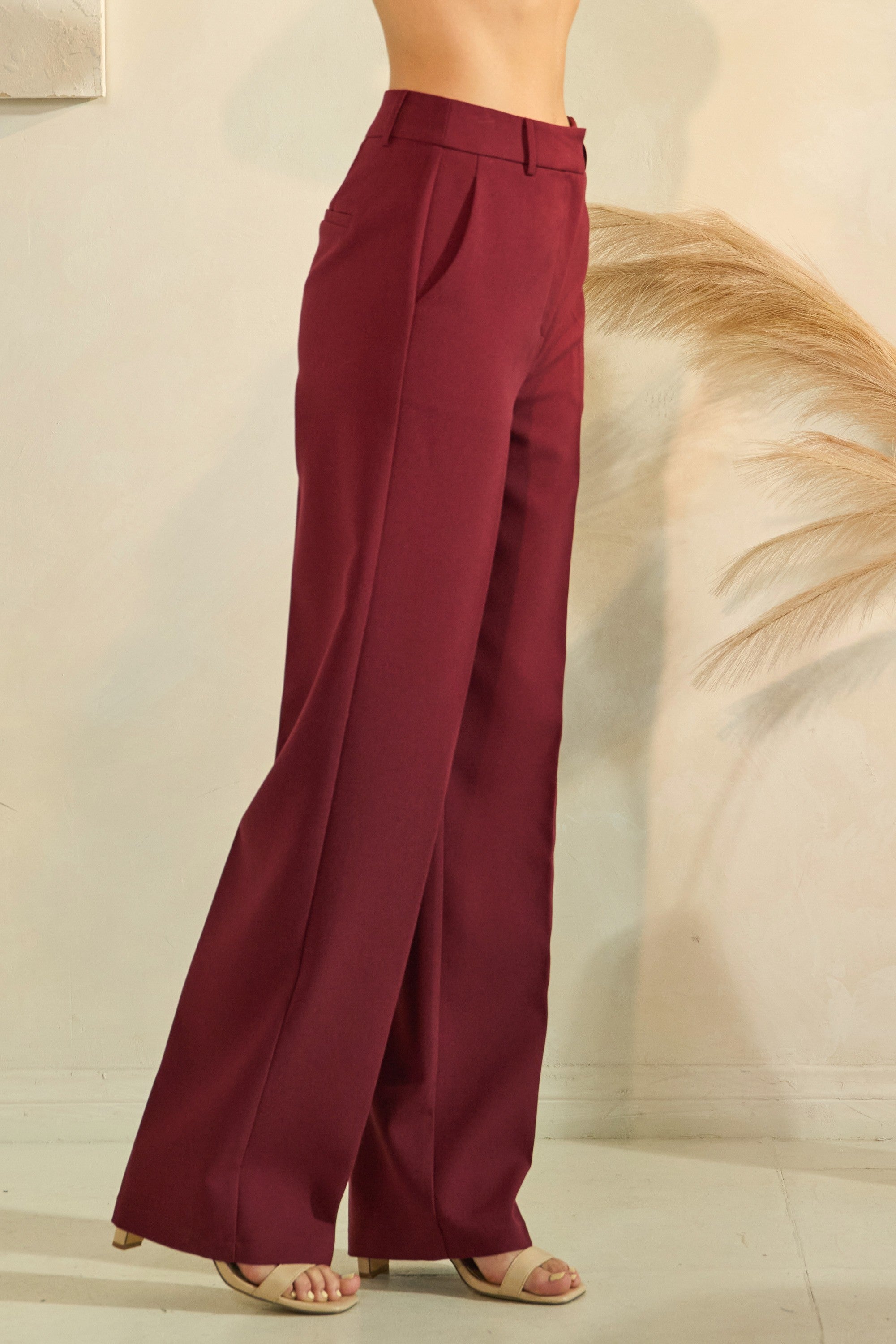Twill High Waisted Pleated Straight Leg Full Trousers Pants
