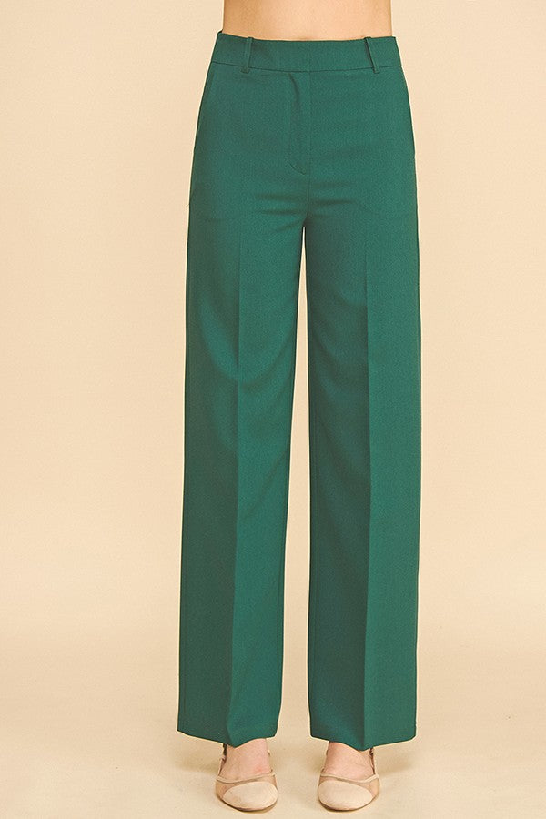 Twill High Waisted Pleated Straight Leg Full Trousers Pants