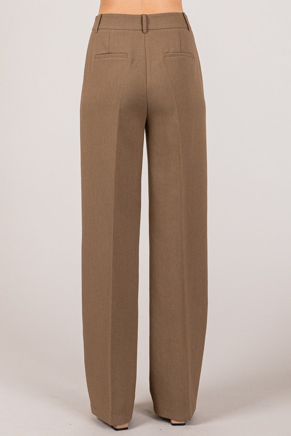 Twill High Waisted Pleated Straight Leg Full Trousers Pants