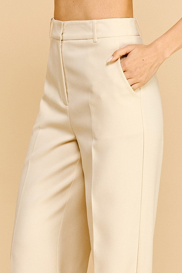 Twill High Waisted Pleated Straight Leg Full Trousers Pants