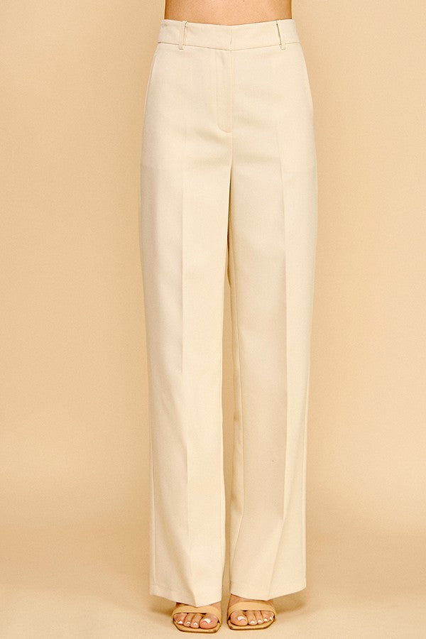 Twill High Waisted Pleated Straight Leg Full Trousers Pants