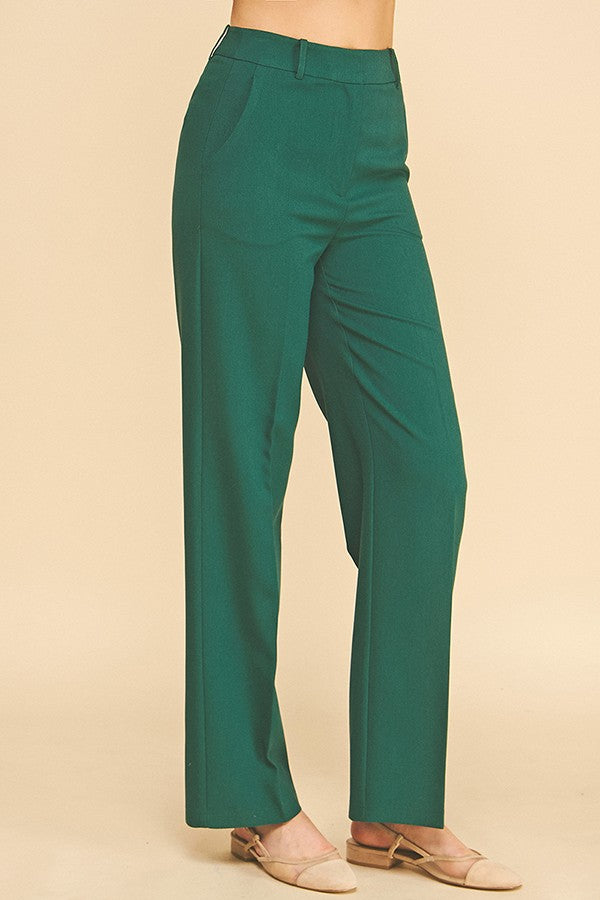 Twill High Waisted Pleated Straight Leg Full Trousers Pants
