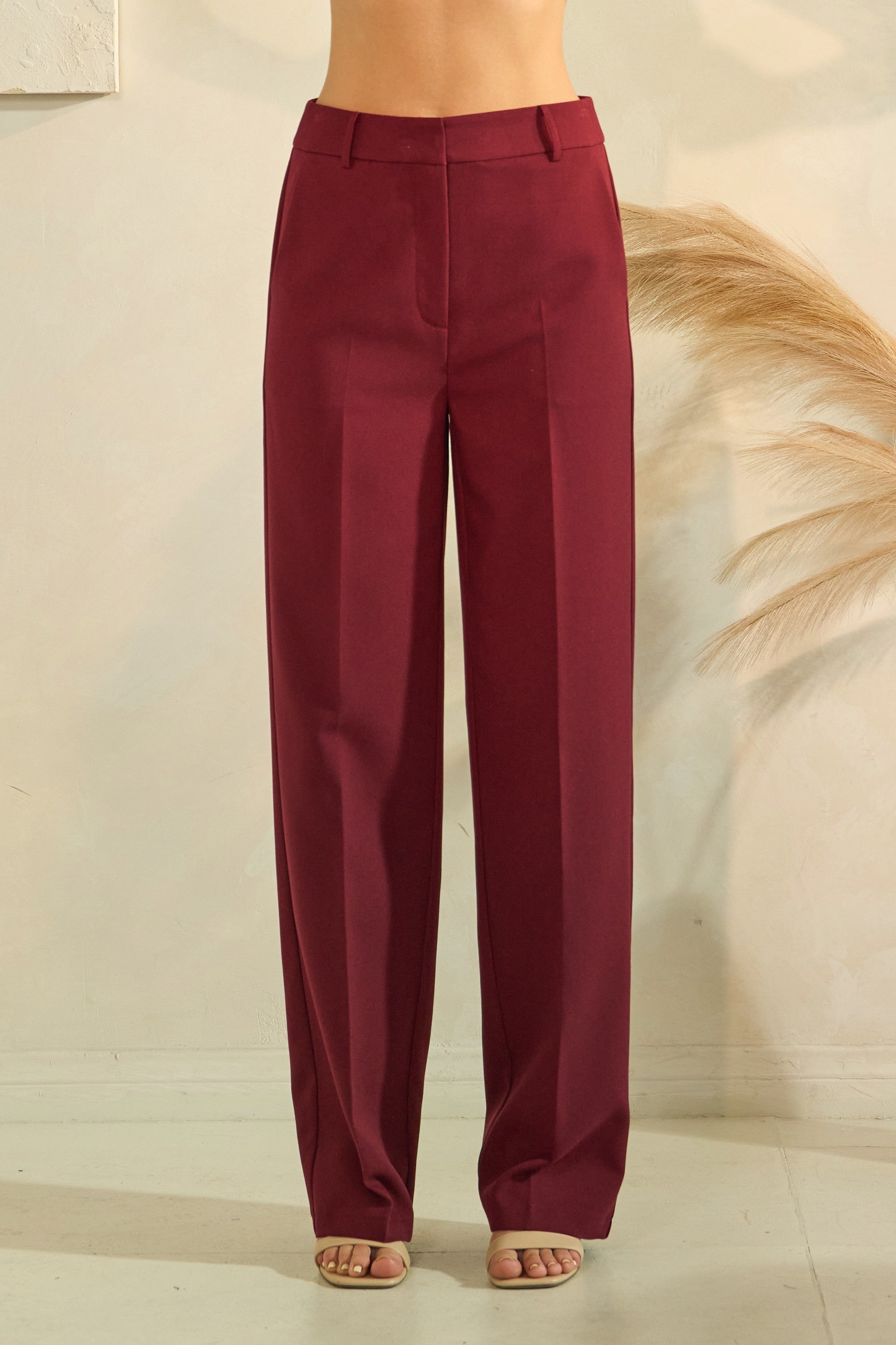 Twill High Waisted Pleated Straight Leg Full Trousers Pants