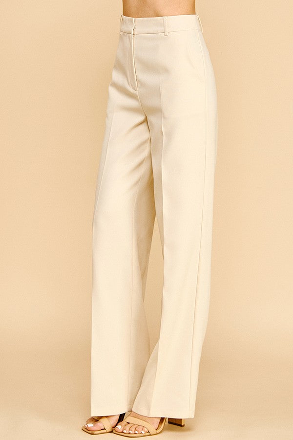 Twill High Waisted Pleated Straight Leg Full Trousers Pants