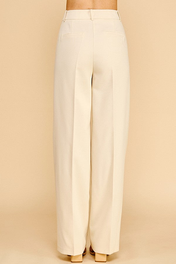 Twill High Waisted Pleated Straight Leg Full Trousers Pants