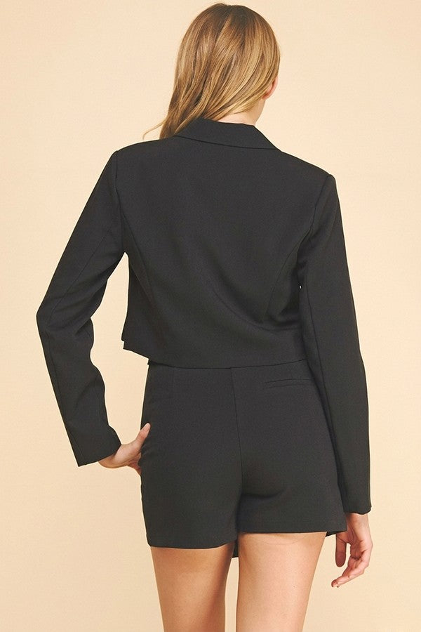 Twill Onyx Flower Button Cropped Blazer Jacket